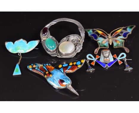 A collection of brooches including Arts and Crafts example set with agate, garnet and mother of pearl; silver butterfly, silv