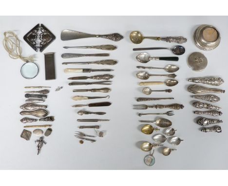 Collection of mainly hallmarked silver handled items to include manicure tools, preserve pot lid etc