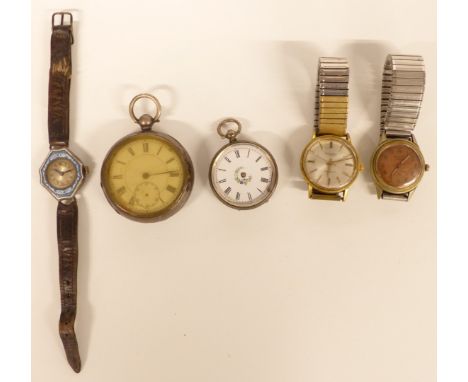 Five various watches comprising two silver open faced pocket watches, two gents wristwatches, one Excalibur the other Tevo Wa