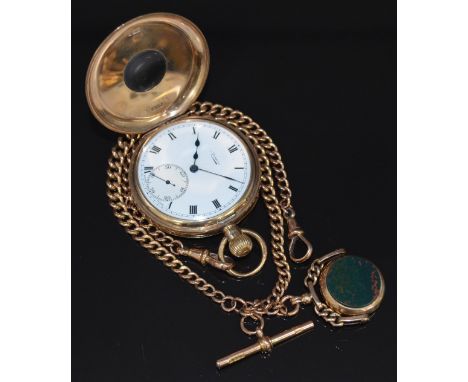 Mappin &amp; Webb 9ct gold keyless winding half hunter pocket watch with inset subsidiary seconds dial, blued hands, black Ro