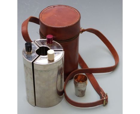 Leather cased three division spirit flask set with tot cups, height 18cm