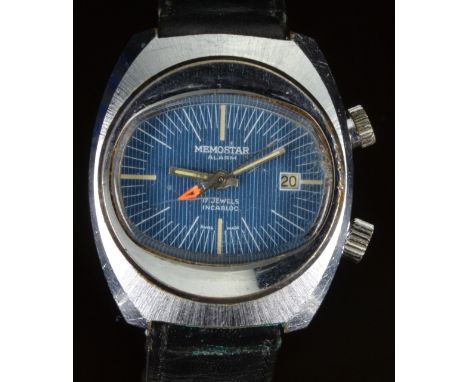 Memostar gentleman's wristwatch with alarm, date aperture, luminous hour and minutes hands orange arrow tipped alarm hand, wh