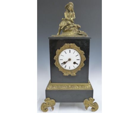 French figural slate mantel clock on ormolu feet, the enamel Roman dial with steel hands, the two train movement stamped 454 