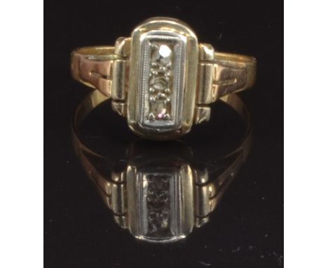 An Art Deco 18ct gold ring set with three rose cut diamonds, size K, 1.9g