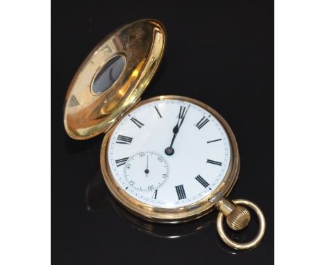 Unnamed 14ct gold keyless winding half hunter pocket watch with inset subsidiary seconds dial, blued hands, black Roman numer