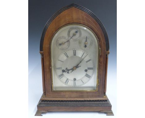 W and H Winterhalder and Hofmeier c1900 mitre case mantel clock, quarter striking on eight or four bells, the silvered dial a