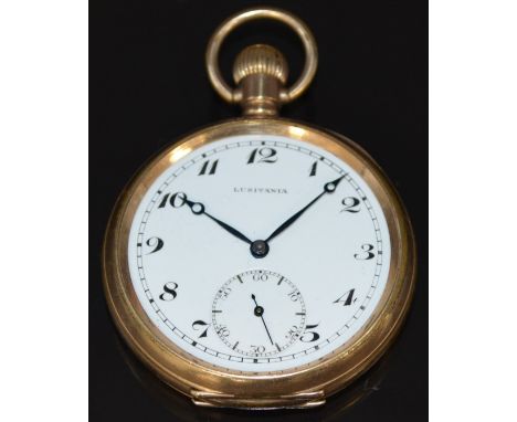 Lusitania gold plated keyless winding open faced pocket watch with subsidiary seconds dial, black Arabic numerals, blue Bregu