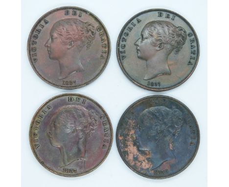 Four various Victorian copper pennies comprising three 1857 examples, plain tridents, two close colons and an 1858 example wi