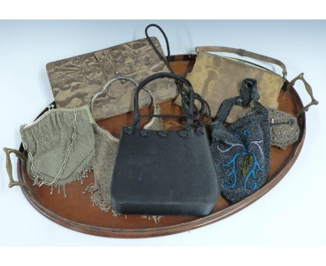 Vintage evening bags including mesh example marked Alpacca, jewel encrusted with butterfly decoration and snakeskin, together
