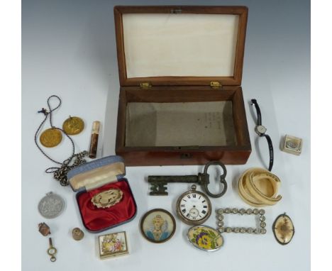 19thC portrait miniature lidded trinket box, hallmarked silver thimble, Victorian commemorative medallions, Sekonda ladies wa