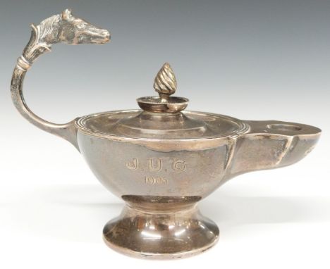 Edward VII Mappin &amp; Webb hallmarked silver novelty table lighter formed as a Roman or Greek lamp with horse's head handle