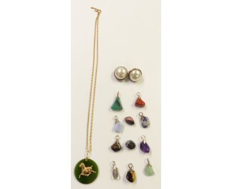 A set of agate pendants, nephrite jade pendant set with a 14k gold horse, silver earrings and a silver chain