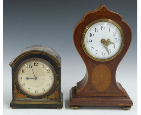 19thC French mantel clock in a lacquered oriental design case together with a balloon style clock in inlaid case, tallest 25c