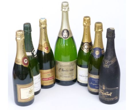 Seven bottles of Champagne and sparkling white wine including Raffles Champagne Grand Cru 12% vol, Louis Chaurey Champagne 12