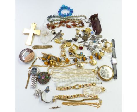 A collection of jewellery including a pearl necklace and bracelet, brooches including faux pearl set and paste set, silver ba