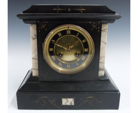 A 19thC French slate mantel clock with Roman chapter ring, beetle and poker hands and two train movement no 38889, by Japy Fr