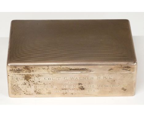 Hallmarked silver cigarette box with engine turned lid, Birmingham 1946, maker&nbsp;Dudley Russell Howitt, length 14cm