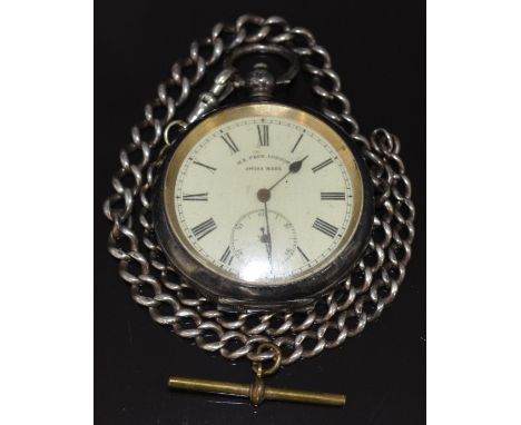 H E Peck of London silver open faced pocket watch with subsidiary seconds dial, black Roman numerals, white enamel dial, engi