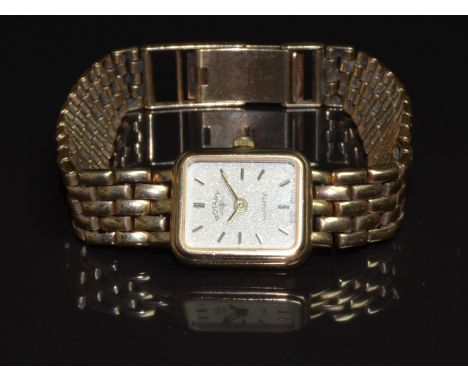 Rotary 9ct gold ladies wristwatch with gold hands, hour markers and dial and quartz moevement, on 9ct gold bracelet, case dia