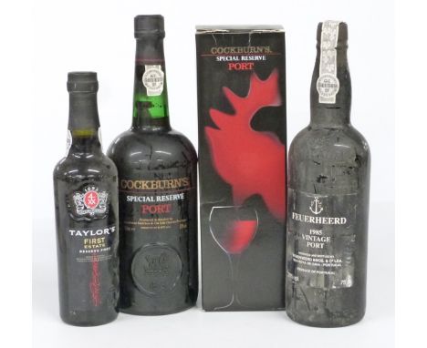 Four bottles of port comprising Vintage Feuerheerd 1985 75cl 20% vol, two bottles of Cockburn's Special Reserve 1 litre and 7