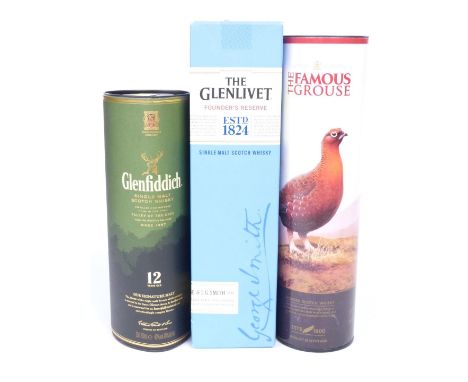 Three bottles of whisky comprising The Glenlivet Founder's Reserve Single Malt and The Famous Grouse Blended Scotch Whisky bo