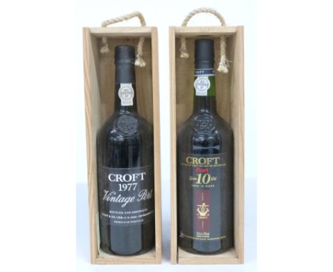 Croft 1977 vintage port 75cl 21% vol and a bottle of Croft 10 year aged in wood 75cl 20% vol, both in wooden cases&nbsp;