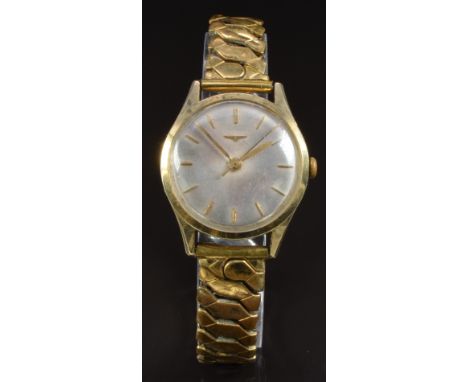 Longines 14ct gold gentleman's wristwatch ref. 6747 with gold hands and hour markers, silver dial and signed 17 jewel calibre