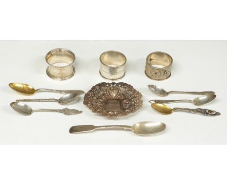 Six souvenir spoons marked sterling, Victorian hallmarked silver pierced bon bon dish, Birmingham 1899, hallmarked silver tea