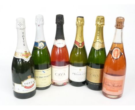 Six bottles of Champagne and sparkling wine including Nicolas Feuillatte rosé and Montcadi Cava rosé, both 12% vol, Tott's Ex