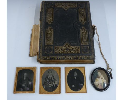 Three 19thC daguerreotypes or similar early photographs, two with Cheltenham labels verso, a portrait miniature and a musical