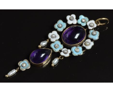 A yellow metal pendant set with amethyst cabochons, enamel and pearls, 5.5cm long&nbsp;