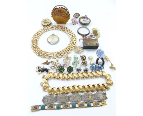 A collection of jewellery including JewelCraft earrings, vintage brooches, jet horseshoe brooch, compact, silver pocket watch