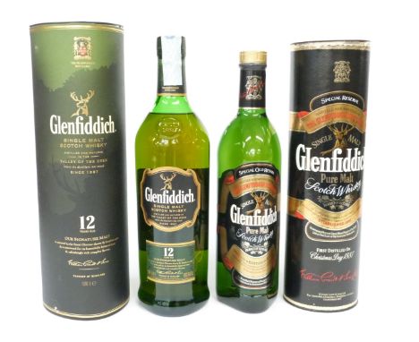 Two bottles of Glenfiddich Scotch Whisky, one 12 year old Signature Single Malt, 1 litre, 43% vol, the other Special Old Rese