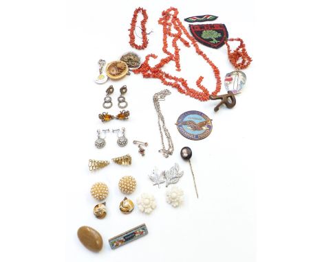 A collection of costume jewellery including coral necklace, Victorian cameo stick pin, micro mosaic etc, in a carved box&nbsp