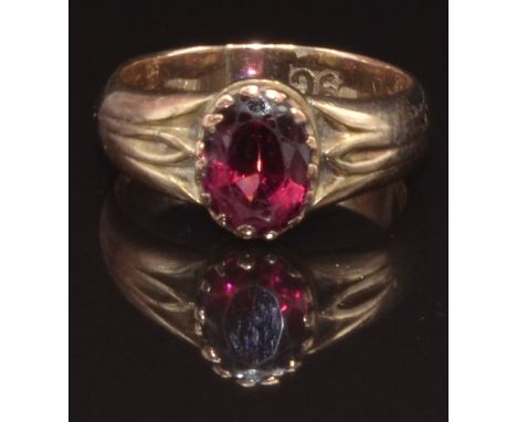 A 9ct gold ring set with a faux garnet, size I, 3.8g&nbsp;