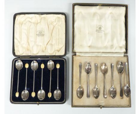 Cased set of six Mappin &amp; Webb hallmarked silver teaspoons and a cased set of hallmarked silver coffee bean spoons, weigh