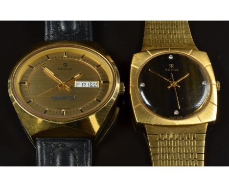 Two Revue gentleman's wristwatches one with day and date aperture, sweep centre seconds hand, luminous gold hands, black hour