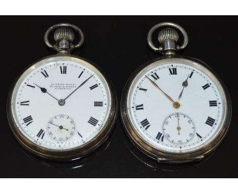 Two hallmarked silver keyless winding open faced pocket watches, one Alfred Wolf of Liverpool with inset subsidiary seconds d