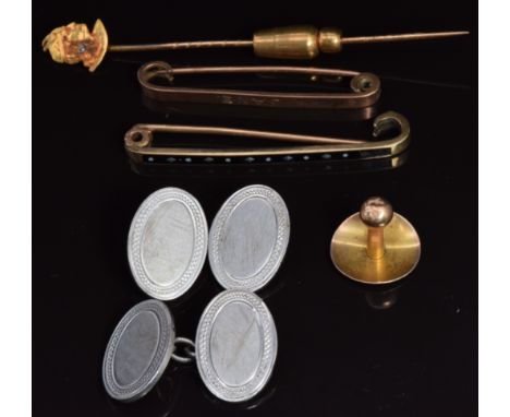 Two 9ct gold pins, 4.3g, a 9ct gold stud, 0.8g, a yellow metal stick pin set with a diamond and a pair of silver cufflinks