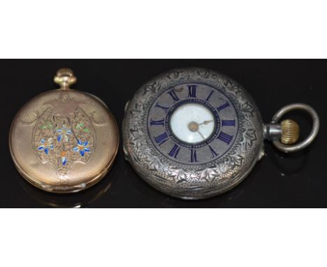 Two keyless winding ladies pocket watches, one 9ct gold open faced with engraved and enamel decoration to the case back, blac