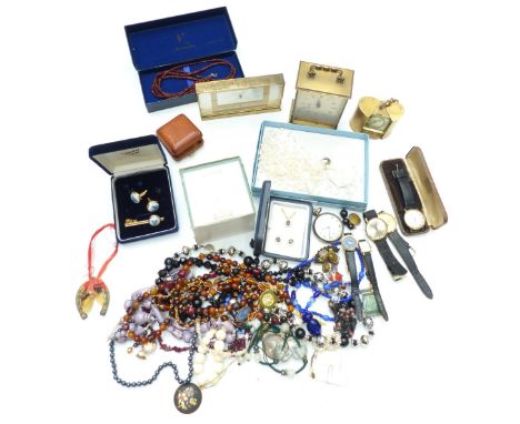 A collection of costume jewellery and watches including Skagen, Sekonda and Rotary watches, amber necklace, beads, etc