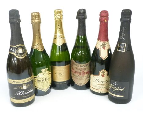 Six bottles of sparkling wine including Contevedo Cava and Freixenet Cava both 11.5% vol, Juvé Y Campa Cava 1997 12% vol, Roc