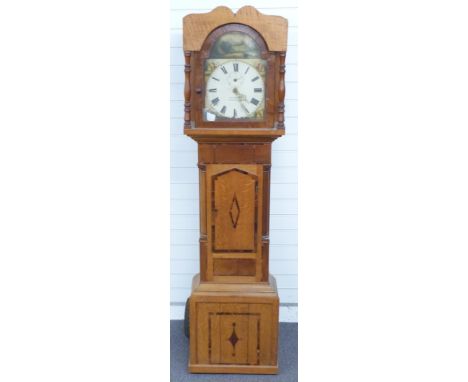 19thC Spurrier, Tewkesbury, 30 hour cottage style long case clock, the painted Roman dial with Arabic seconds and pastoral sc