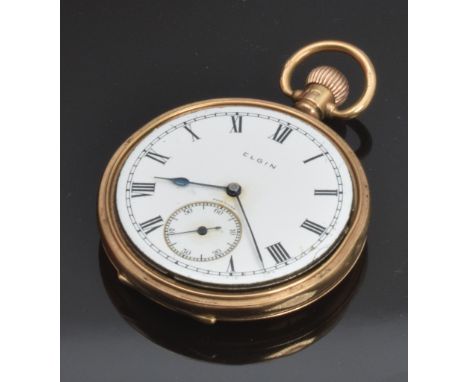 Elgin 9ct gold keyless winding open faced pocket watch with inset subsidiary seconds dial, blued hands, Roman numerals, white