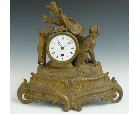 French brass figural mantel clock featuring a hunting dog and hare, the enamel Roman dial with Breguet style hands, single tr