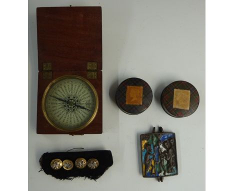 19thC wooden cased compass, two tartanware boxes, set of four buttons with applied rampant lions and an African or similar br