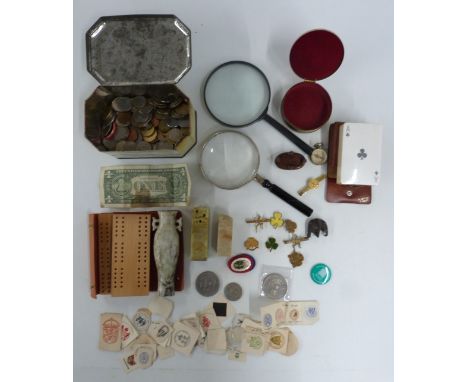 Collectables including seals, compass, badges, cut printed and embossed letterheads from notable organisations, coins etc