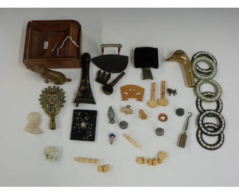 Collectables to include Wedgwood Jasperware rings, violin parts, Sharif &amp; Sons Moradabad brass dog, carved alabaster port