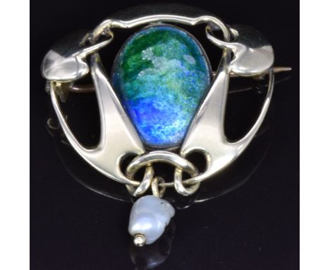 Archibald Knox gold brooch set with blue and green enamel and a drop pearl, 2.9 x 3.8cm, 7.7g (pg 254 Steven Martin book Arch