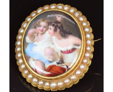 Victorian brooch set with an enamel plaque depicting two young girls, within a border of split pearls, 4.2 x 3.9cm, 13.4g&nbs